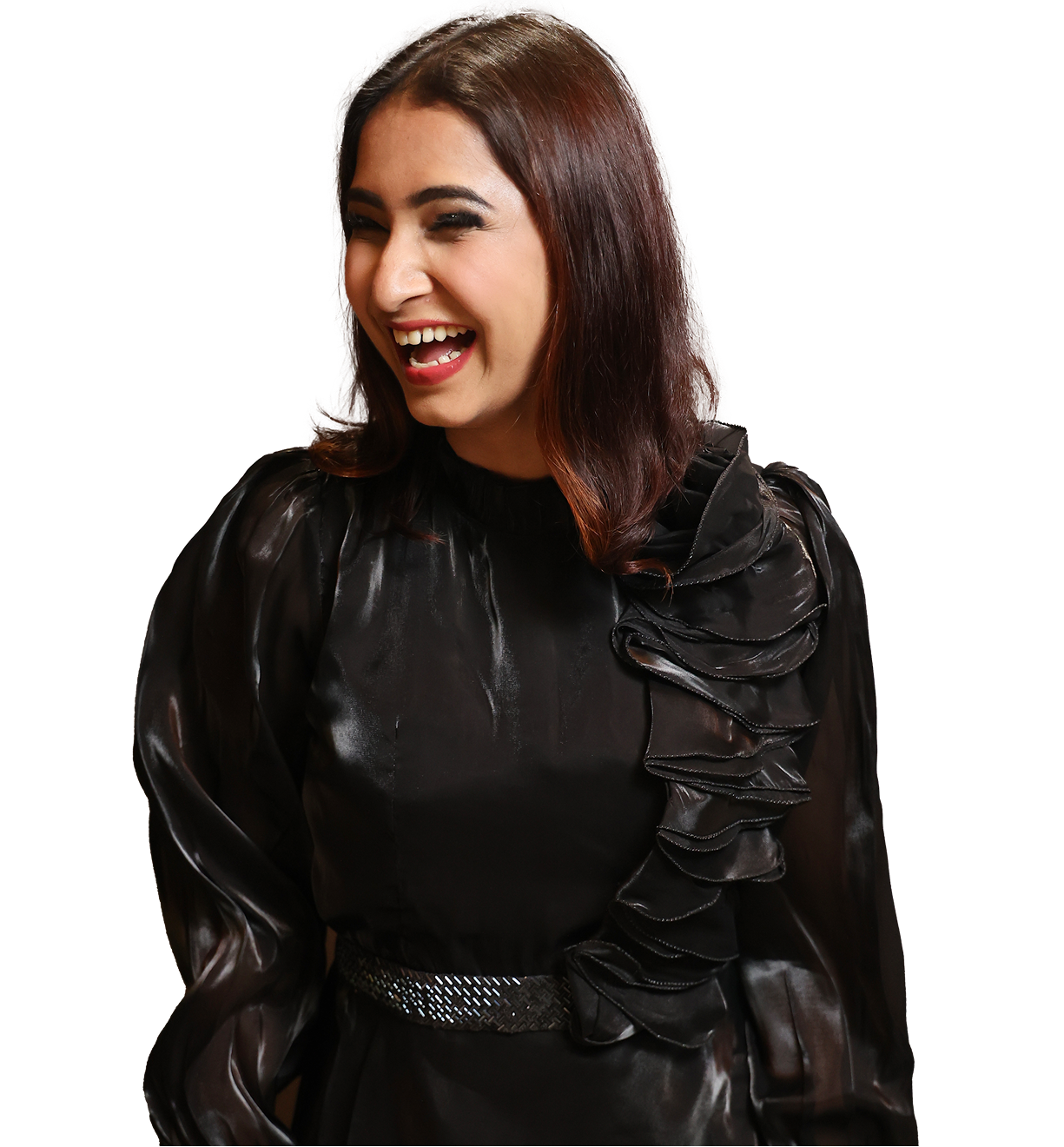 Stylish woman in black fashionable outfit